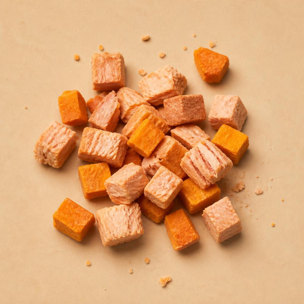 A small pile of freeze-dried treats, roughly one day's pouch